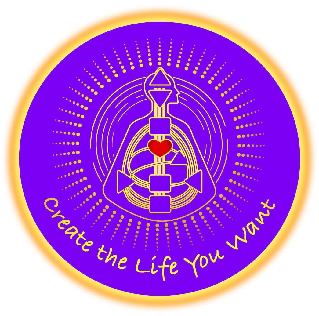 A purple circle with the words create the life you want written in it.